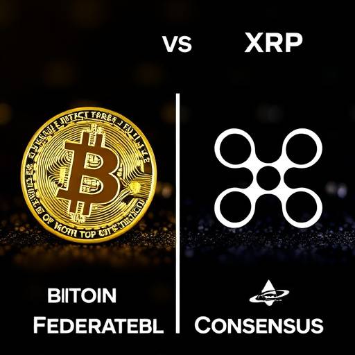 Illustration comparing Bitcoin's Proof-of-Work with XRP's Federated Consensus Protocol
